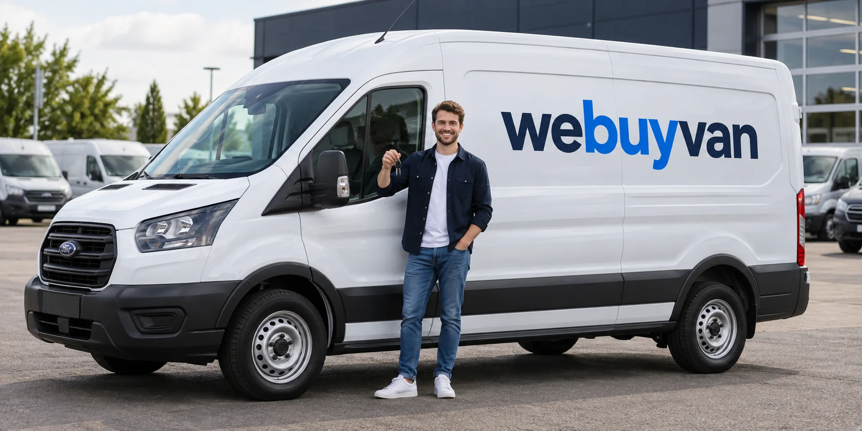 White Ford Transit with We Buy Van branding and a smiling illustrative customer